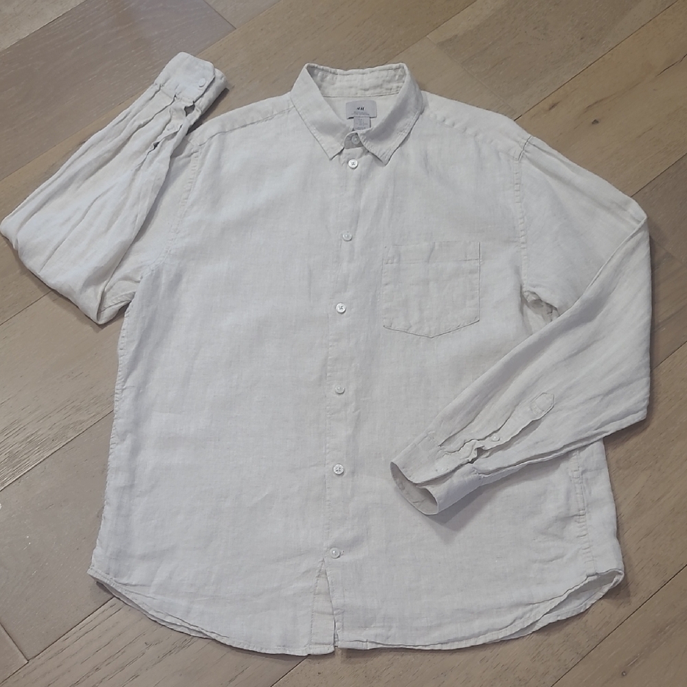 EUC H&M Shirt Men's sz L Natural 100% Linen Long Sleeve Button Down Shirt